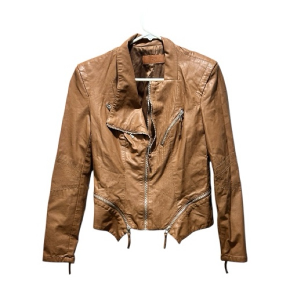 BLANKNYC Faux Leather Moto Jacket Asymmetrical Zip Tan Brown Medium